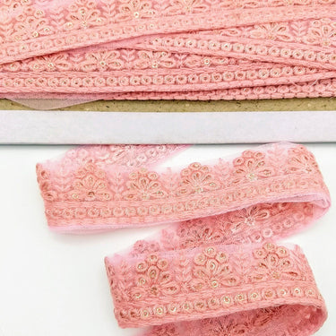 Pink Net Lace Trim With Floral Embroidery And Gold Sequins, Sequinned Trim, Wedding Trim Bridal Trim